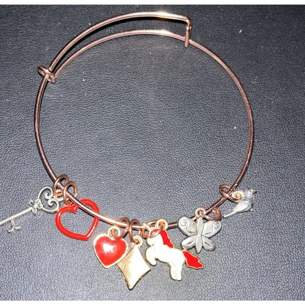 Goldtone Charm Bracelet Key Heart Unicorn Butterfly Bird